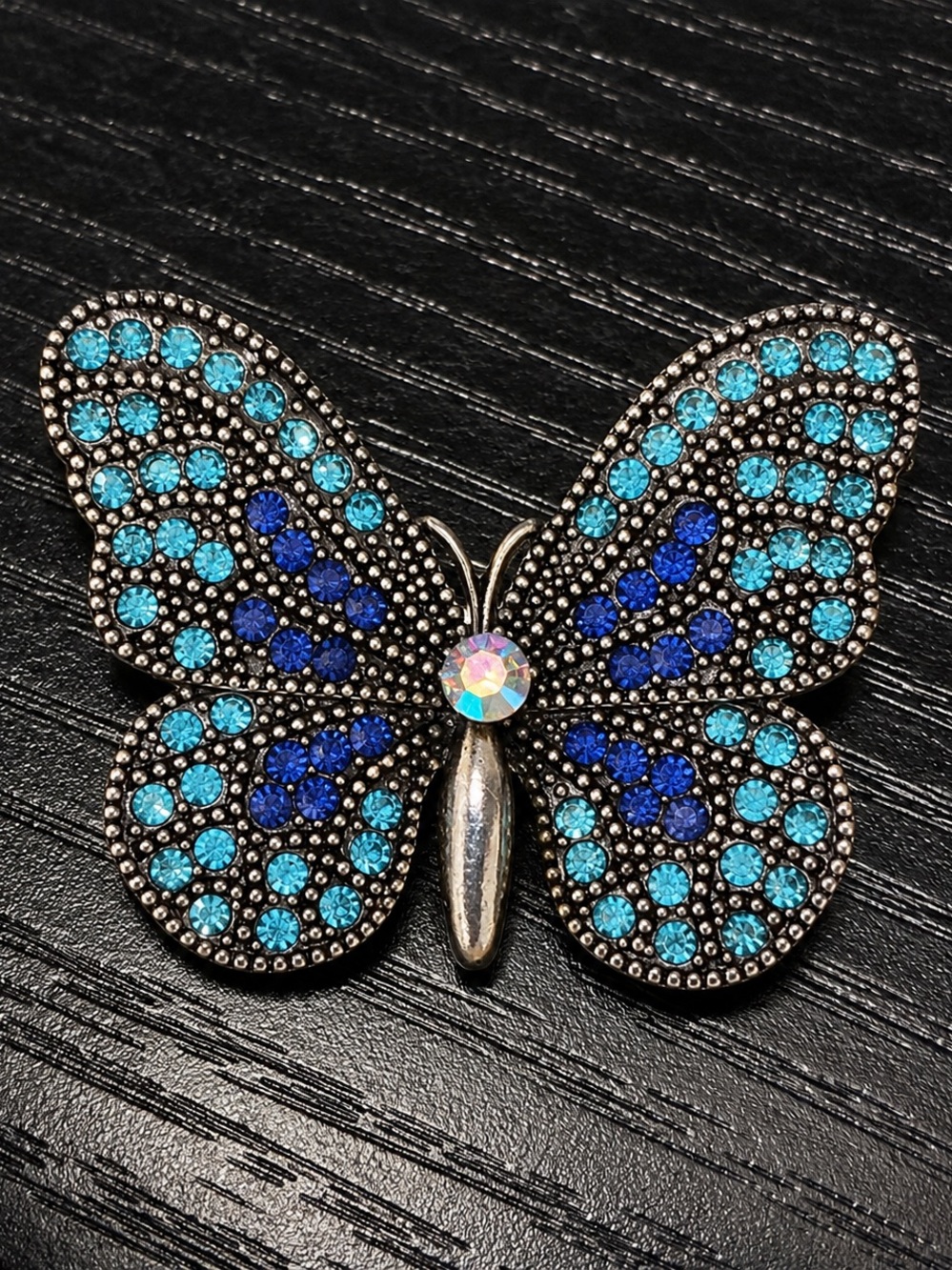 Blue Rhinestone Butterfly Brooch Pin Sparkly Crystal Insect Jewelry